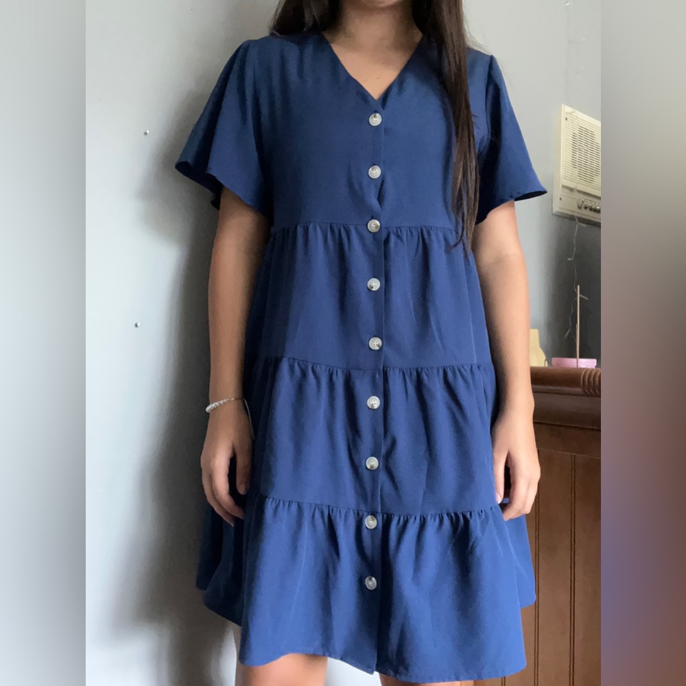 blue button down flowy dress